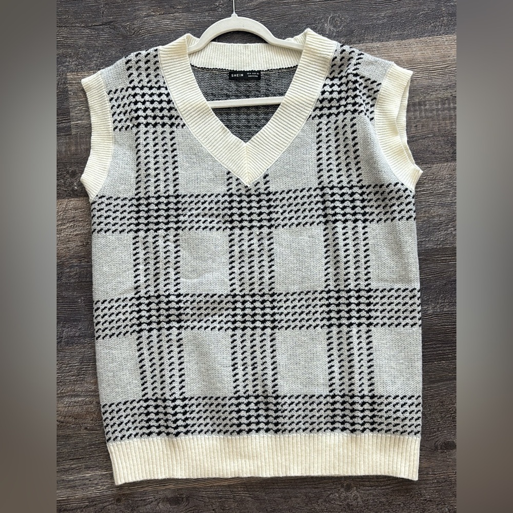 SHEIN Black and Cream V-Neck Sweater Vest